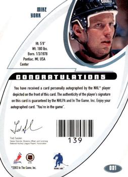 2002-03 Be a Player Signature Series - Autographs #021 Mike York Back