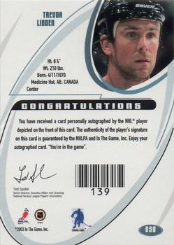 2002-03 Be a Player Signature Series - Autographs #038 Trevor Linden Back
