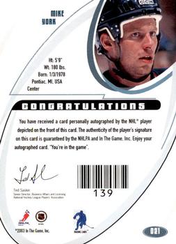 2002-03 Be a Player Signature Series - Autographs Gold #021 Mike York Back