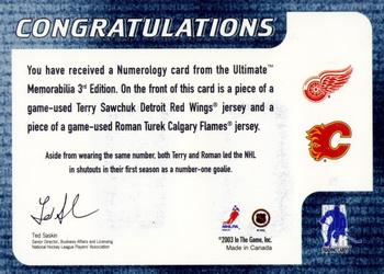 2002-03 Be a Player Ultimate Memorabilia - Numerology #2 Terry Sawchuk / Roman Turek Back