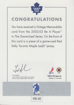 2002-03 In The Game Used - Vintage Memorabilia Gold #VM-8 Red Kelly Back