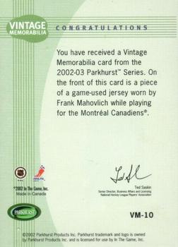 2002-03 Parkhurst - Vintage Memorabilia #VM-10 Frank Mahovlich Back