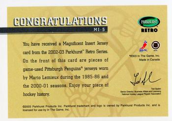 2002-03 Parkhurst Retro - Magnificent Inserts #MI-5 Mario Lemieux Back