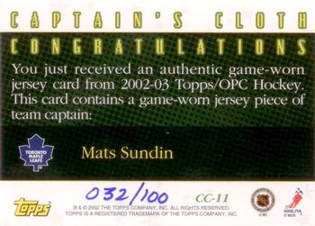 2002-03 Topps - Captain's Cloth #CC-11 Mats Sundin Back