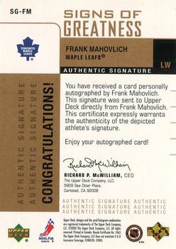 2002-03 Upper Deck Foundations - Signs of Greatness #SG-FM Frank Mahovlich Back