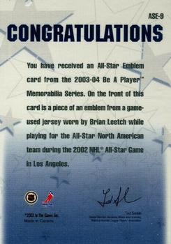 2003-04 Be a Player Memorabilia - All-Star Emblems #ASE-9 Brian Leetch Back