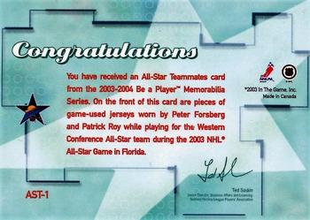 2003-04 Be a Player Memorabilia - All-Star Teammates #AST-1 Peter Forsberg / Patrick Roy Back