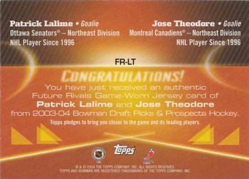 2003-04 Bowman Draft Picks and Prospects - Future Rivals Jerseys #FR-LT Patrick Lalime / Jose Theodore Back