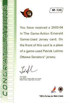 2003-04 In The Game Action - Jerseys #M-135 Patrick Lalime Back