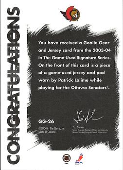 2003-04 In The Game Used Signature Series - Goalie Gear #GG-26 Patrick Lalime Back