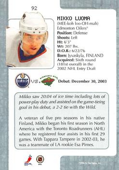 2003-04 In The Game VIP #92 Mikko Luoma Back
