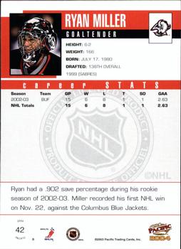2003-04 Pacific - Red #42 Ryan Miller Back