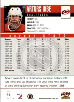 2003-04 Pacific - Red #64 Arturs Irbe Back