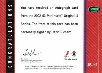 2003-04 Parkhurst Original Six Montreal - Autographs #OS-HR Henri Richard Back