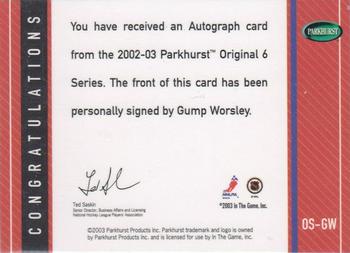 2003-04 Parkhurst Original Six Montreal - Autographs #OS-GW Gump Worsley Back