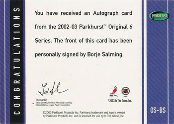 2003-04 Parkhurst Original Six Toronto - Autographs #OS-BS Borje Salming Back
