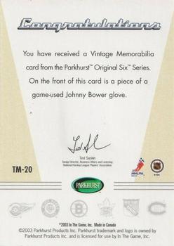 2003-04 Parkhurst Original Six Toronto - Memorabilia #TM20 Johnny Bower Back