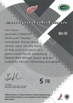 2003-04 Parkhurst Rookie - Game-Used Jersey Autographs #GUJ-HZ Henrik Zetterberg Back