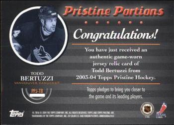 2003-04 Topps Pristine - Pristine Portions Jersey #PPJ-TB Todd Bertuzzi Back