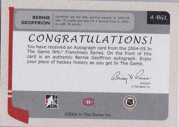 2004-05 In The Game Franchises Canadian - Autographs #A-BG Bernie Geoffrion Back