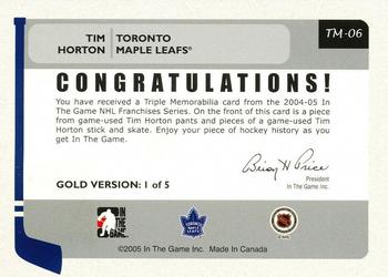 2004-05 In The Game Franchises Canadian - Triple Memorabilia Gold #TM-06 Tim Horton Back