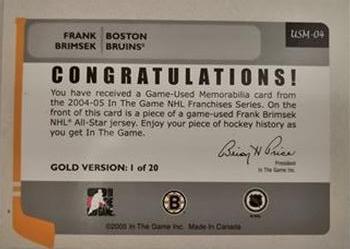 2004-05 In The Game Franchises Update - Memorabilia Gold #USM4 Frank Brimsek Back
