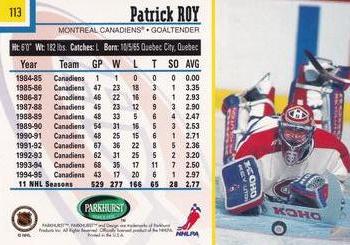 1995-96 Parkhurst International #113 Patrick Roy Back