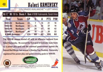 1995-96 Parkhurst International #48 Valeri Kamensky Back