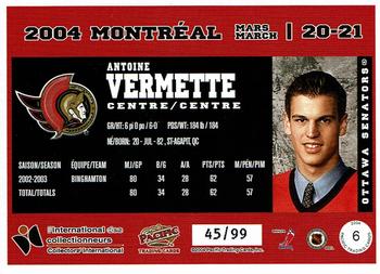 2004-05 Pacific - 2004 Pacific Montreal International Gold #6 Antoine Vermette Back