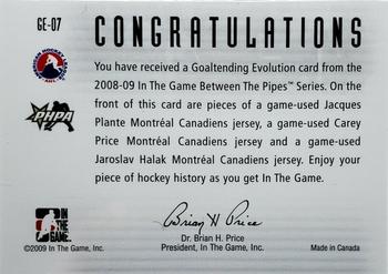 2008-09 In The Game Between The Pipes - Goaltending Evolution Gold #GE-07 Jacques Plante / Carey Price / Jaroslav Halak  Back