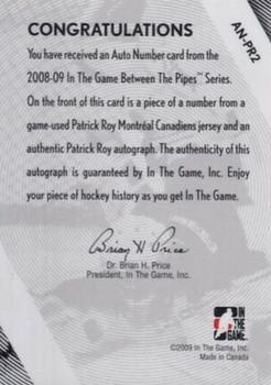 2008-09 In The Game Between The Pipes - Auto Numbers #AN-PR2 Patrick Roy  Back