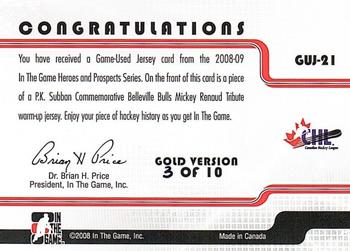 2008-09 In The Game Heroes and Prospects - Jerseys Gold #GUJ-21 P.K. Subban  Back