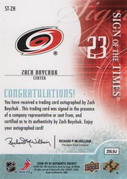 2008-09 SP Authentic - Sign of the Times #ST-ZH Zach Boychuk  Back