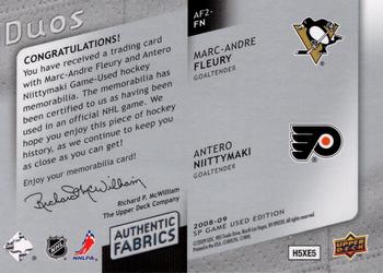 2008-09 SP Game Used - Authentic Fabrics Duos #AF2-FN Marc-Andre Fleury / Antero Niittymaki  Back