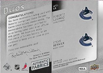 2008-09 SP Game Used - Authentic Fabrics Duos #AF2-LB Roberto Luongo / Steve Bernier  Back