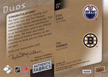 2008-09 SP Game Used - Authentic Fabrics Duos Patches #AF2-CT Erik Cole / Tim Thomas  Back