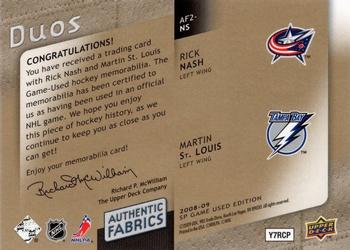 2008-09 SP Game Used - Authentic Fabrics Duos Patches #AF2-NS Martin St. Louis / Rick Nash  Back