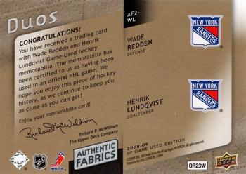 2008-09 SP Game Used - Authentic Fabrics Duos Patches #AF2-WL Wade Redden / Henrik Lundqvist  Back