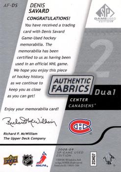 2008-09 SP Game Used - Authentic Fabrics Dual #AF-DS Denis Savard  Back