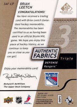 2008-09 SP Game Used - Authentic Fabrics Triple Gold #3AF-LT Brian Leetch  Back