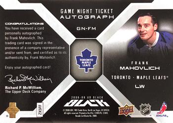 2008-09 UD Black - Game Night Autographs Tickets #GN-FM Frank Mahovlich  Back