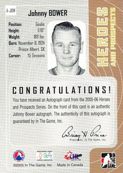 2005-06 In The Game Heroes and Prospects - Autographs #A-JBW Johnny Bower Back
