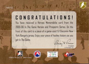 2005-06 In The Game Heroes and Prospects - Hero Memorabilia #HM-10 Ed Giacomin Back