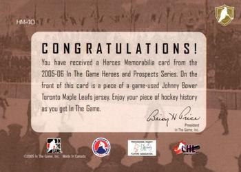 2005-06 In The Game Heroes and Prospects - Hero Memorabilia #HM-40 Johnny Bower Back