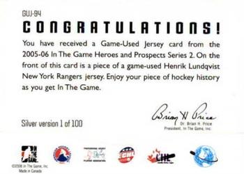 2005-06 In The Game Heroes and Prospects - Jerseys #GUJ-94 Henrik Lundqvist Back