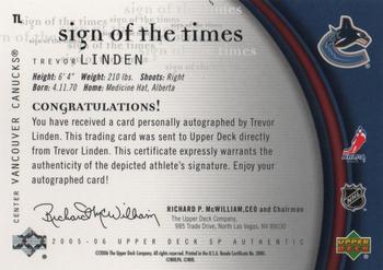 2005-06 SP Authentic - Sign of the Times #TL Trevor Linden Back