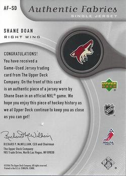 2005-06 SP Game Used - Authentic Fabrics #AF-SD Shane Doan Back