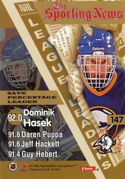 1996-97 Fleer #147 Save Percentage (Dominik Hasek / Daren Puppa / Jeff Hackett / Guy Hebert) Back