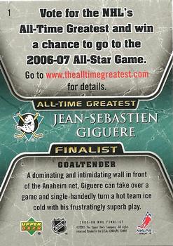 2005-06 Upper Deck - 2005-06 Upper Deck NHL All-Time Greatest Finalist #1 Jean-Sebastien Giguere Back