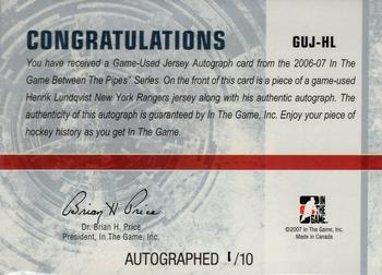 2006-07 In The Game Between The Pipes - Game Used Jersey Autograph #GUJ-03 Henrik Lundqvist  Back